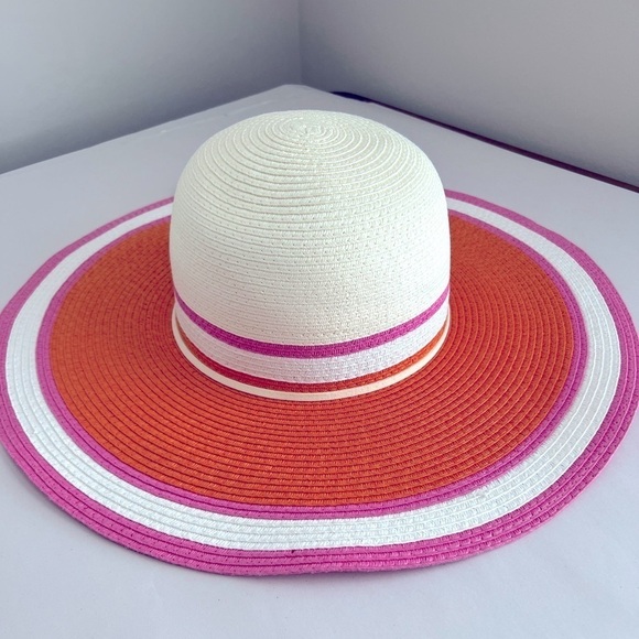 Multicolored straw woven floppy round Hat stripes tie pink orange white NWOT - Picture 1 of 6